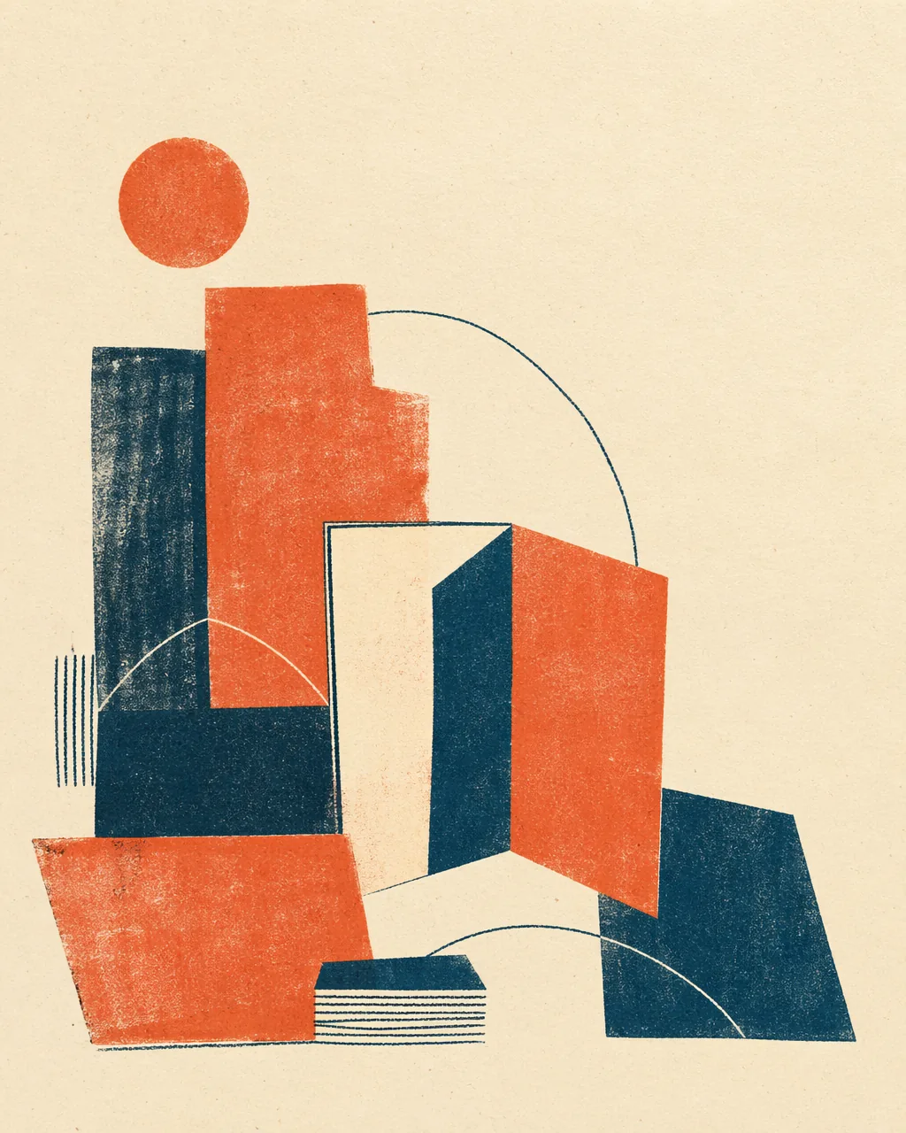 Risograph 双色叠印插图:以暖橙与靛蓝的几何块状形体,抽象表达共建、阅读与汇集的意象